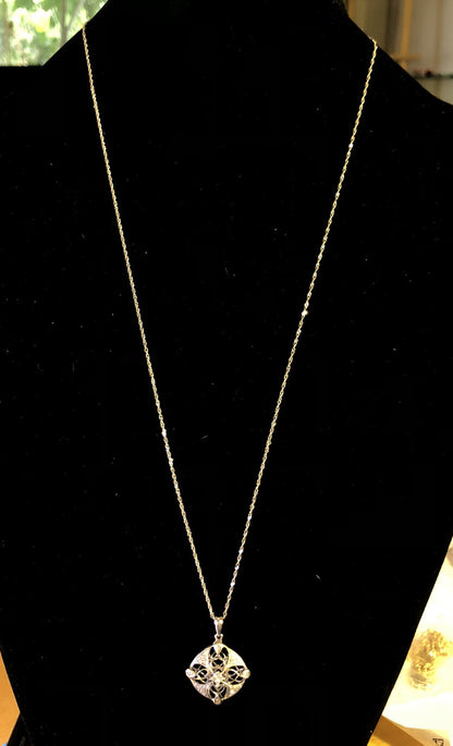 14K White Gold Diamond Filigree Cutout Bridal Pendant Anniversary Necklace