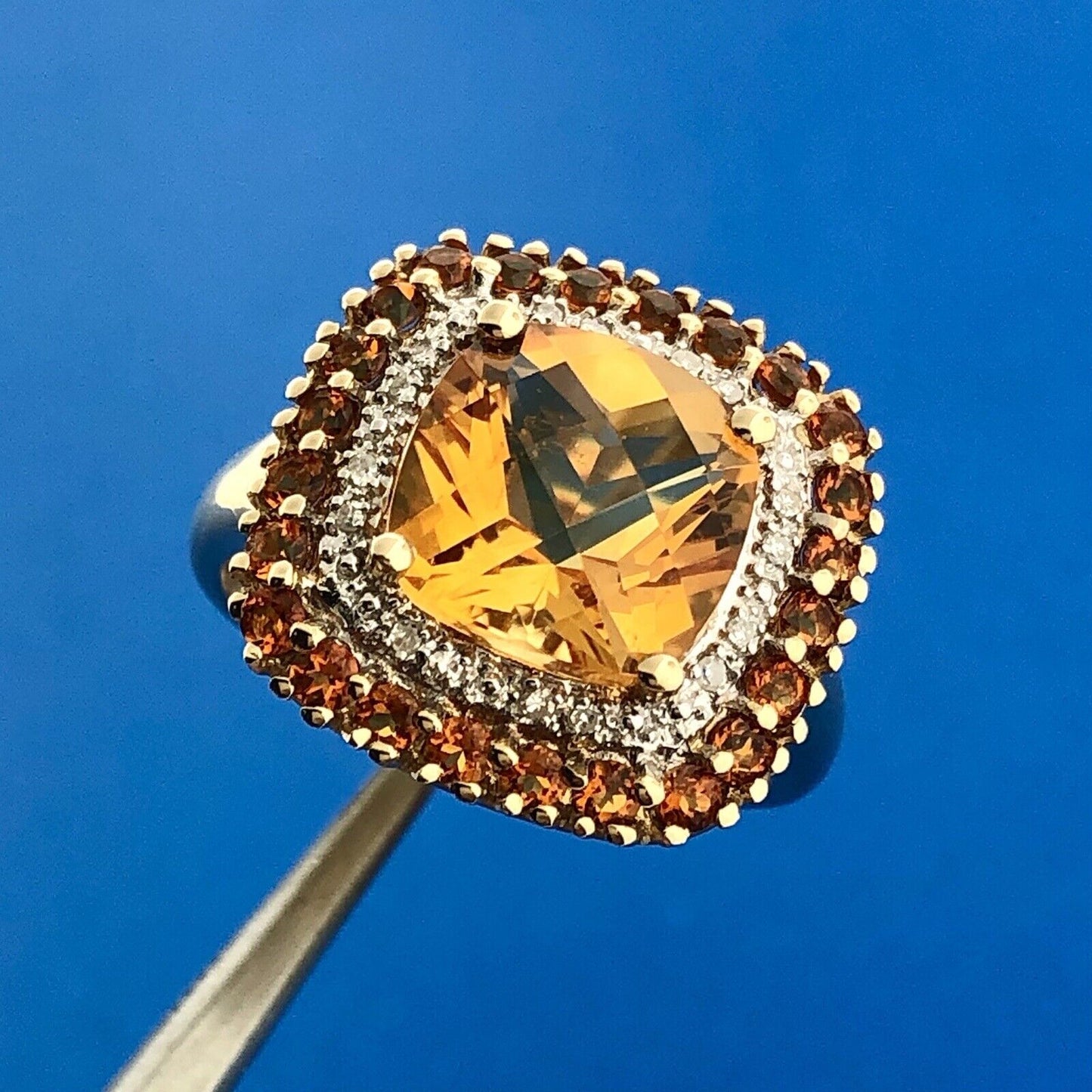 Designer 14K Yellow Gold Citrine Diamond Citrine Halo Statement Anniversary Ring