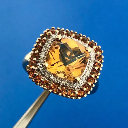 Designer 14K Yellow Gold Citrine Diamond Citrine Halo Statement Anniversary Ring