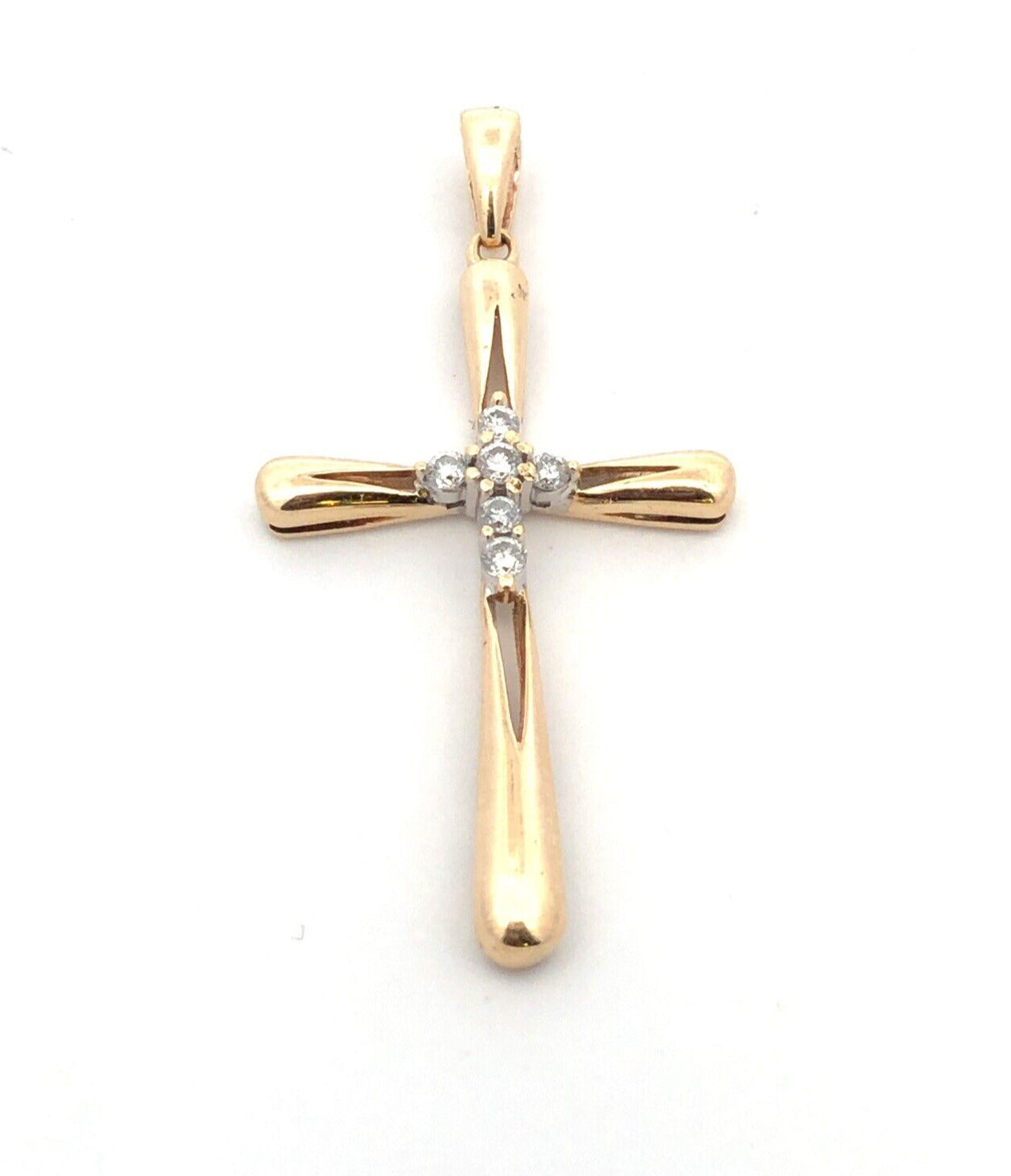 Designer 10KT Yellow Gold Round Diamond Modernist Cross Religious Pendant