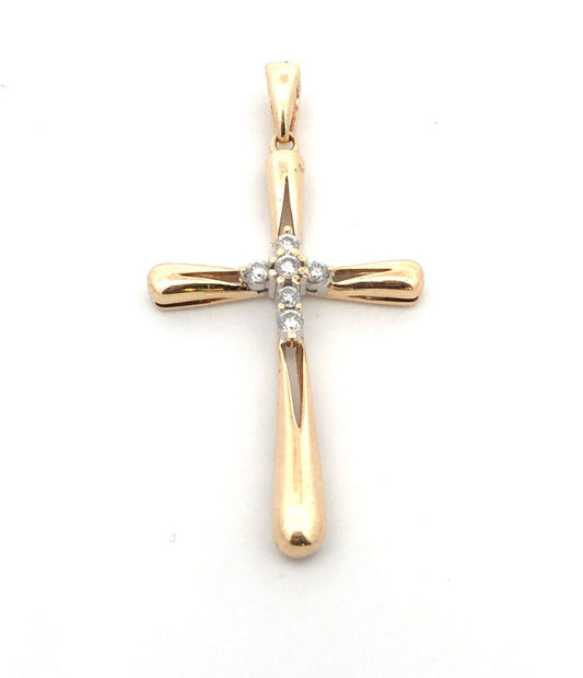 Designer 10KT Yellow Gold Round Diamond Modernist Cross Religious Pendant