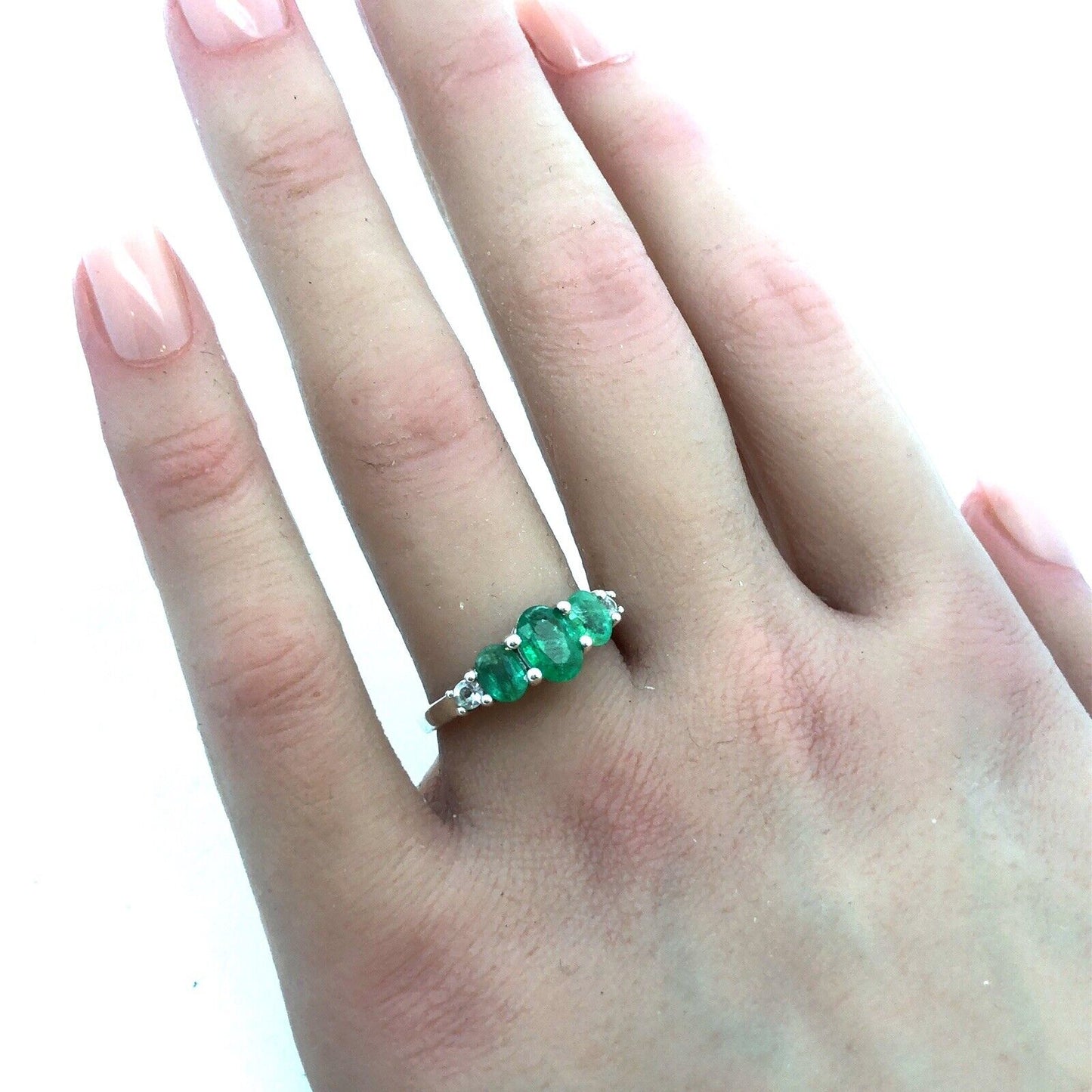 Designer TGGC 925 Sterling Silver Oval Emerald Trio White Amethyst Accent Ring