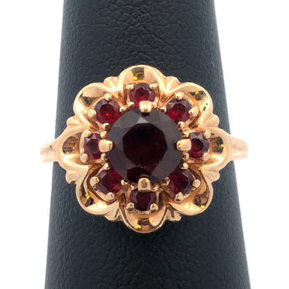Vintage 10K Yellow Gold Garnet Flower Cluster Engagement January Cocktail Ring