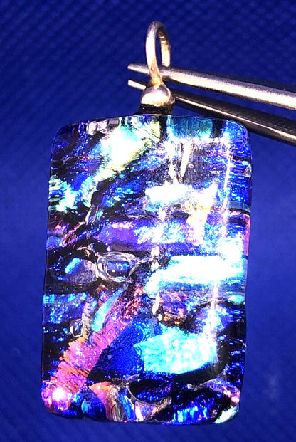 925 Sterling Silver Modernist  Multicolor Diachroic Glass Rectangle Pendant