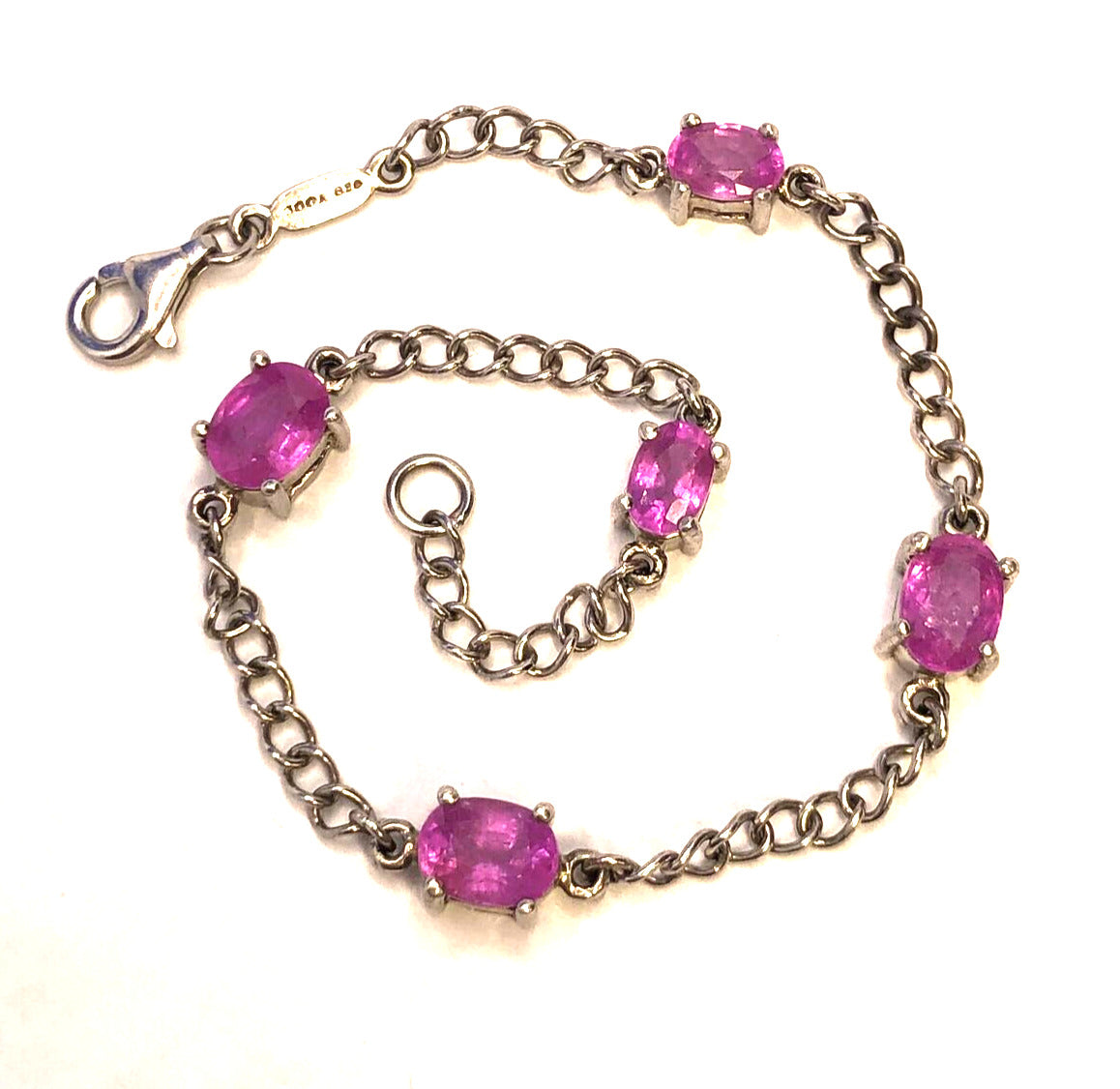 Designer TGGC Sterling Silver Oval Pink Sapphire Station Chain Tennis Bracelet