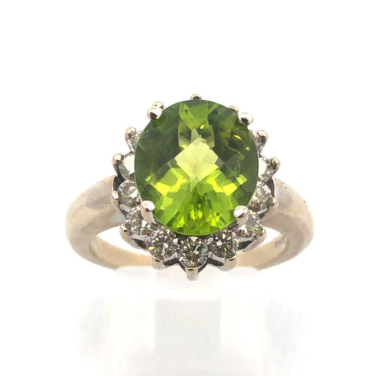 LeVian 14K White Gold Oval Cushion Green Apple Peridot Diamond Cocktail Ring