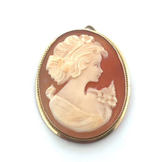 Vintage Designer Italy 14K Yellow Gold Oval Statement Cameo Brooch Pendant
