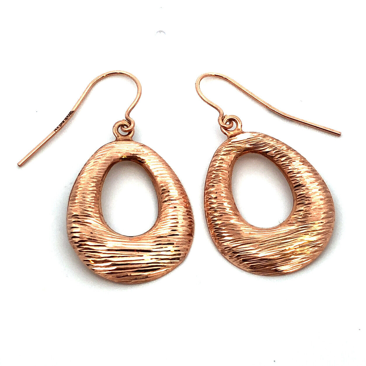 Designer 14K Rose Gold Textured Cut Out Oval Hook Drop Dangle Earrings