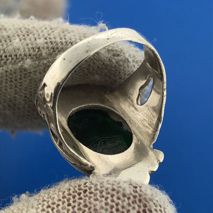 Retro 925 Sterling Silver Carved Green Mayan Aztec Warrior Cameo Ring