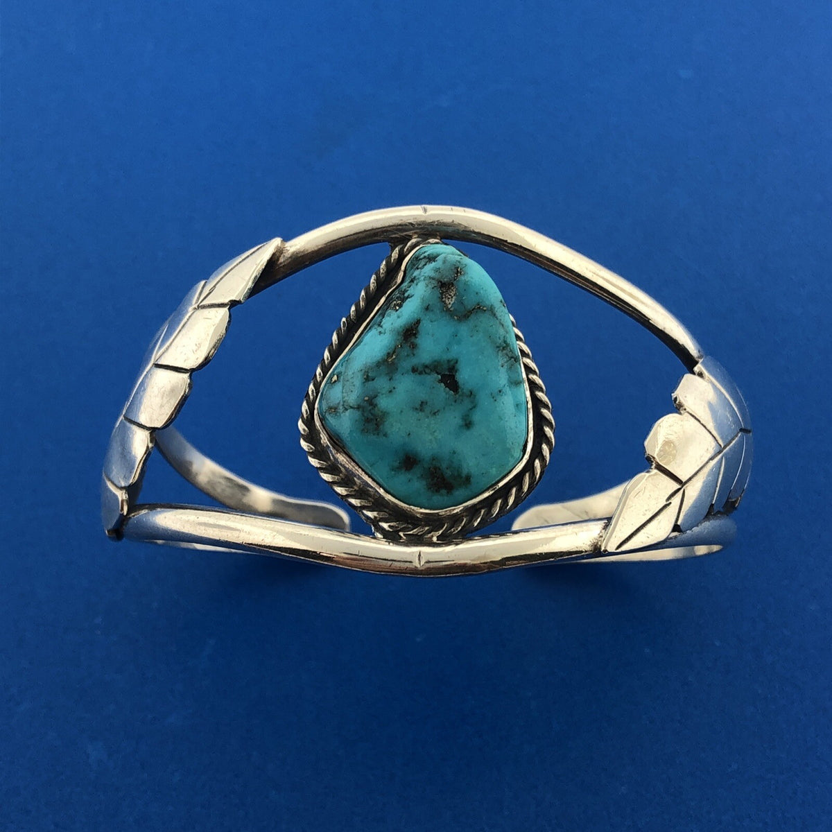 Old Pawn Sterling Silver Chunky Turquoise Cabochon Squash Blossom Cuff Bracelet