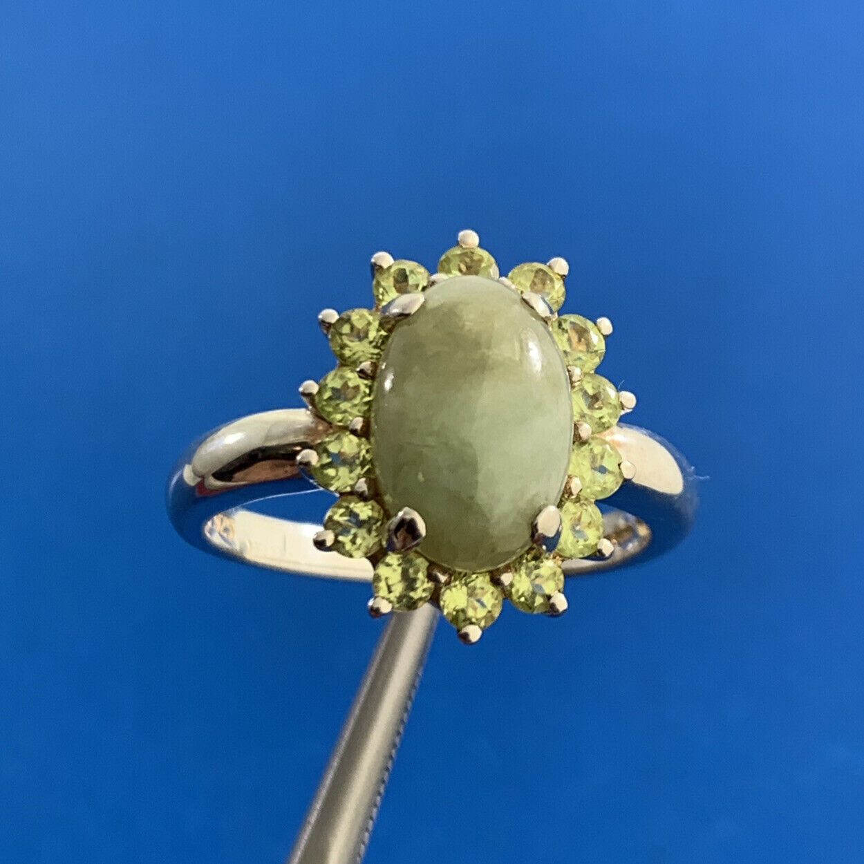 Designer 925 Sterling Silver Oval Jade Cabochon Round Peridot Halo Cocktail Ring