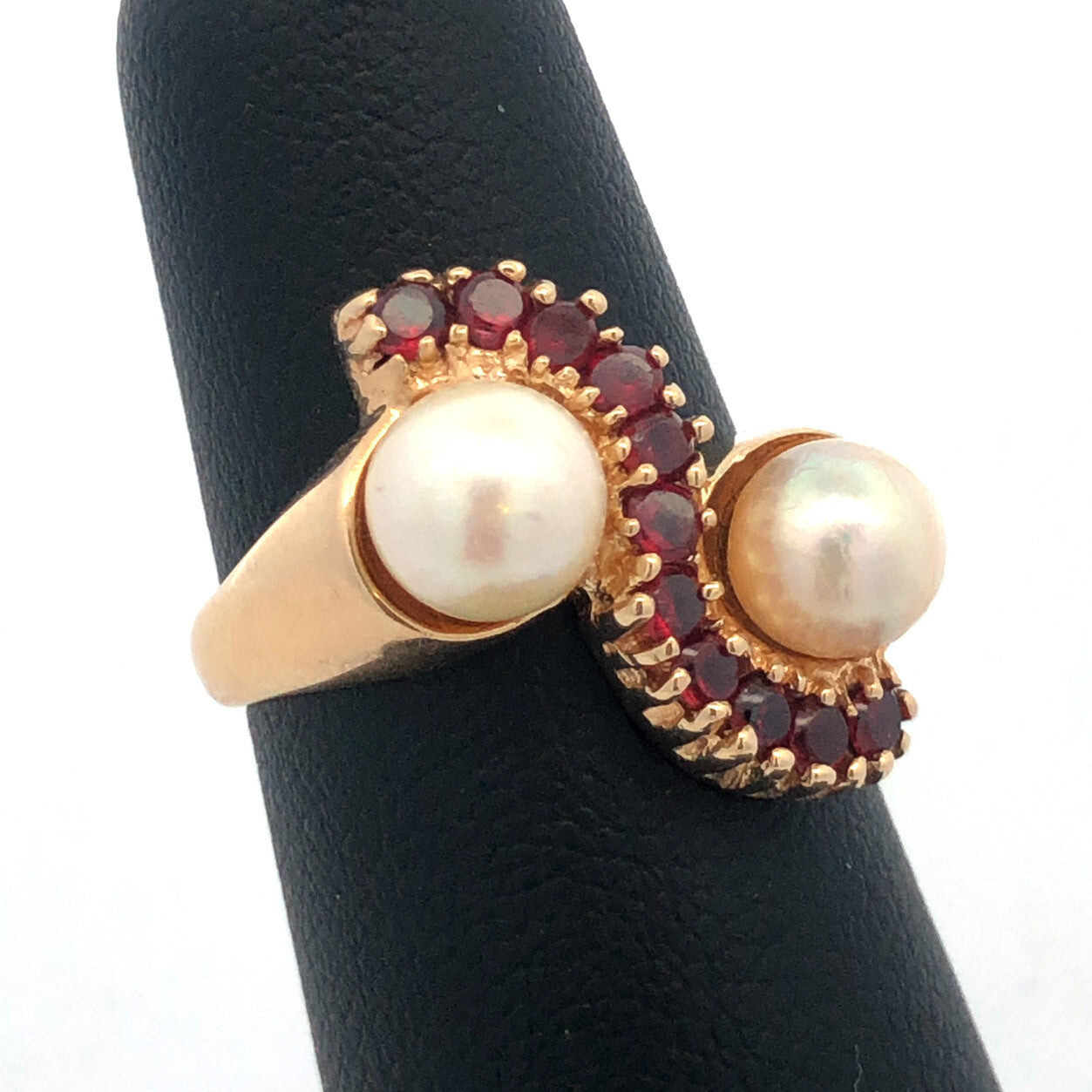 Vintage 14K Yellow Gold Garnet Pearl Free Form Cocktail Anniversary Ring