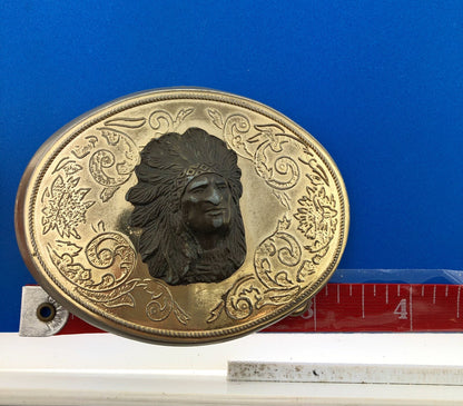 Vintage Brass Bronze Two Tone Scroll 3 Dimensional Indian Head Oval Belt Buckle
