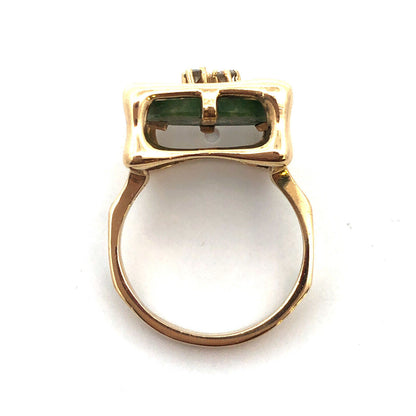 Designer 14K Yellow Gold Green Square Jade Diamond Modernist Statement Ring