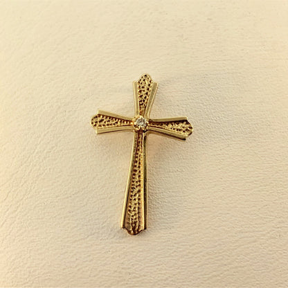 Classic 14K Yellow Gold Diamond Textured Polished Cross Easter Communion Pendant