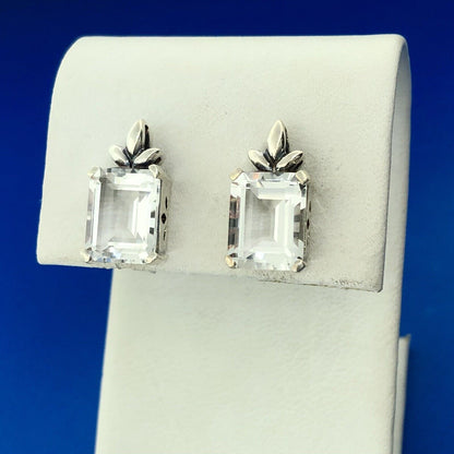 Stunning Sterling Silver 925 Emerald Cut Quartz Friction Back Stud Earrings