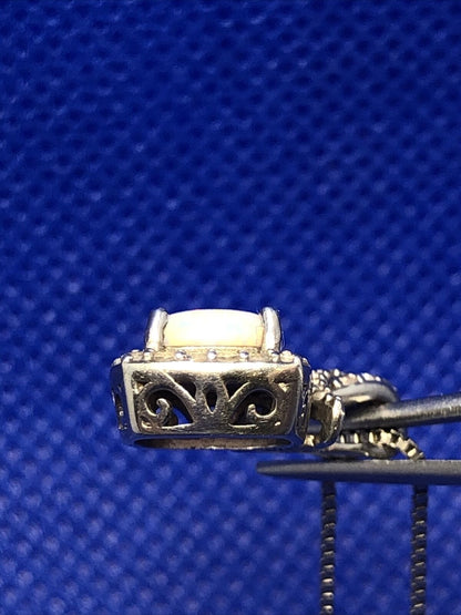 Designer SUN 925 Sterling Silver Opal and Diamond Halo Accent Pendant Necklace