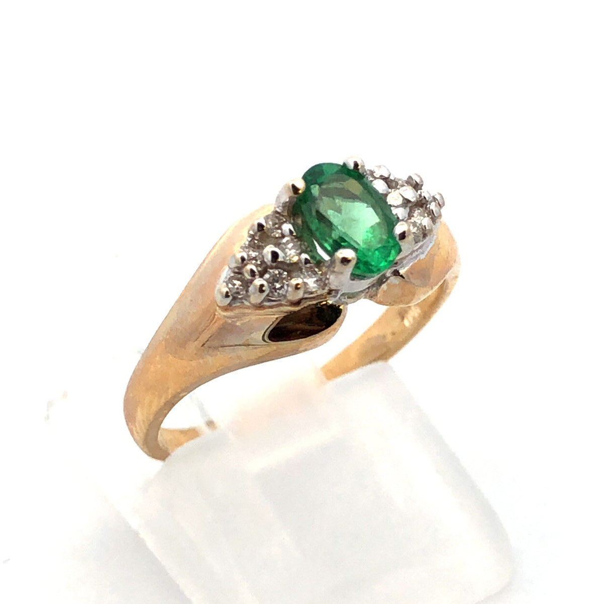 10K Yellow Gold Oval Emerald Solitaire Diamond Accented Cocktail Ring