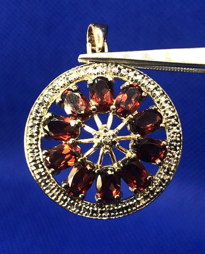Designer Vermeil 925 Sterling Silver Oval Garnets Diamond Accent Round Pendant