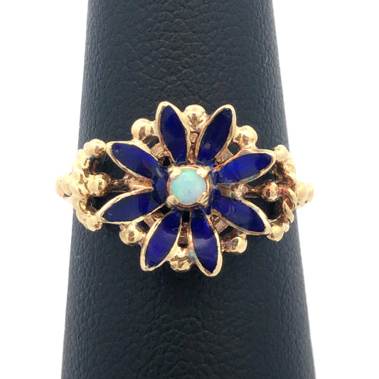 Vintage 14k Yellow Gold Opal and Blue Enamel Flower Ring