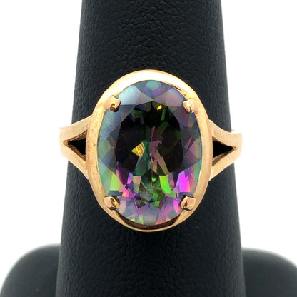 14K Yellow Gold Oval Mystic Topaz Healing Good Luck Power Statement Ring
