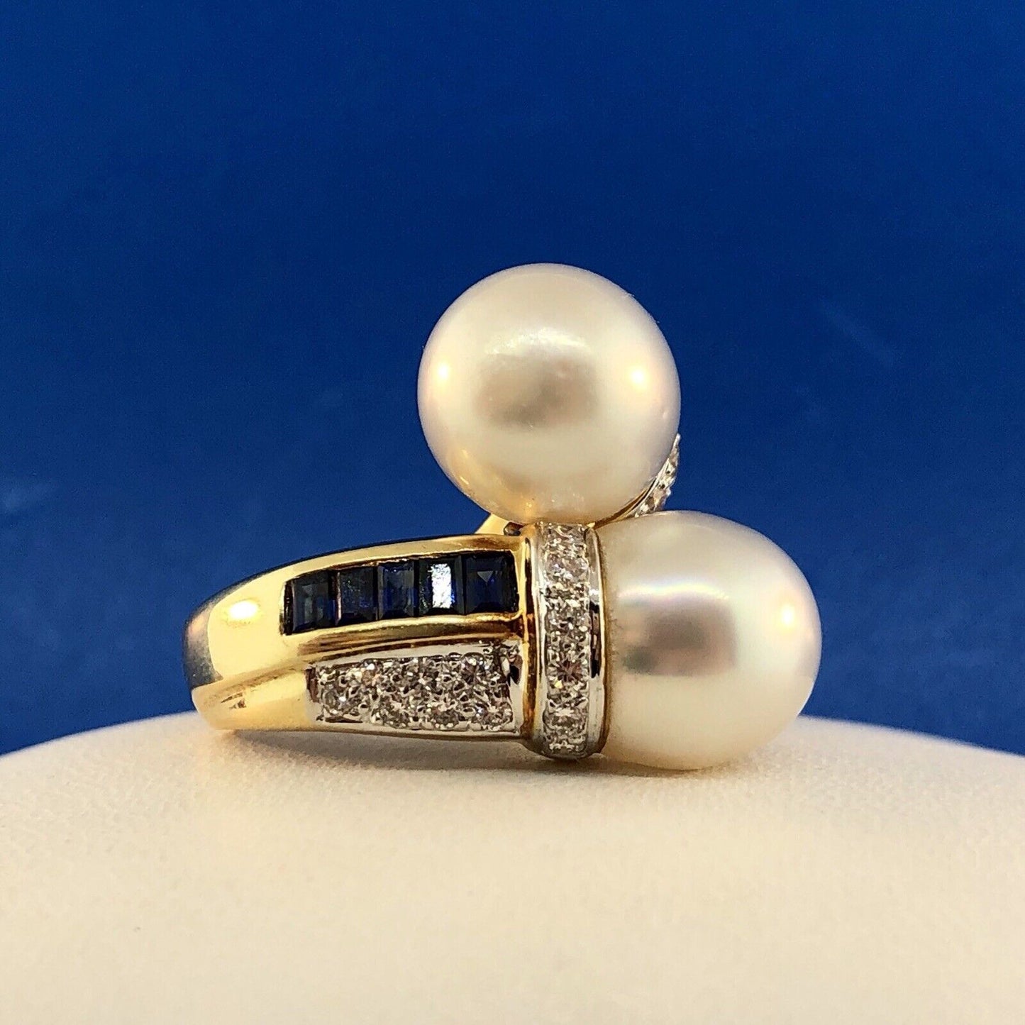 Estate 18K Yellow Gold Diamond Sapphire Pearl Bypass Cocktail Dinner Ring