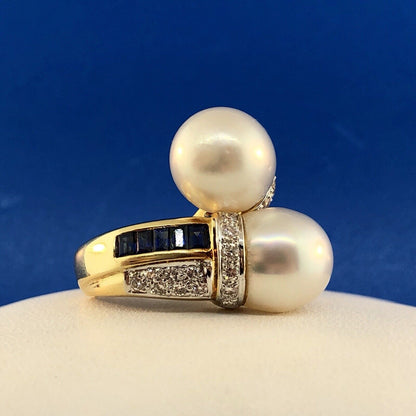 Estate 18K Yellow Gold Diamond Sapphire Pearl Bypass Cocktail Dinner Ring