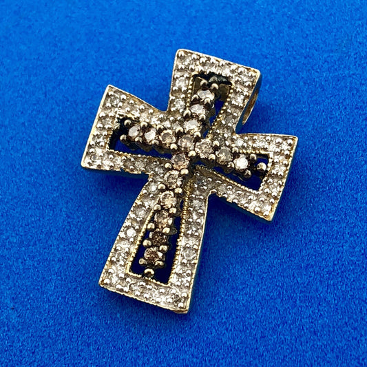 Designer 14K Yellow Gold White Honey Diamond Statement Cross Pendant