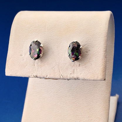 Designer Sterling Silver Oval Mystic Topaz November Anniversary Stud Earrings