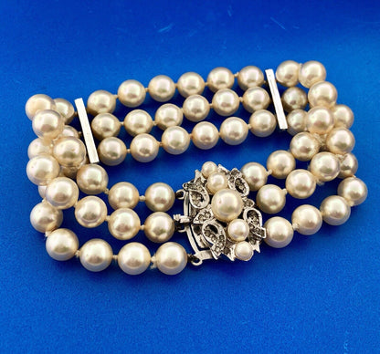 Vintage Silver Tone Hand Knotted Faux Pearl Rhinestone 3 Row Tennis Bracelet