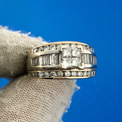 14k Yellow White Gold Princess Quad Diamond w/ Accent Triple Band Ring Size 6.75
