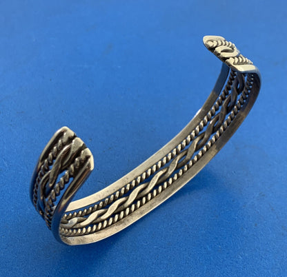 Vintage 925 Sterling Silver Ribbed Braided Rope Open Cuff Bracelet