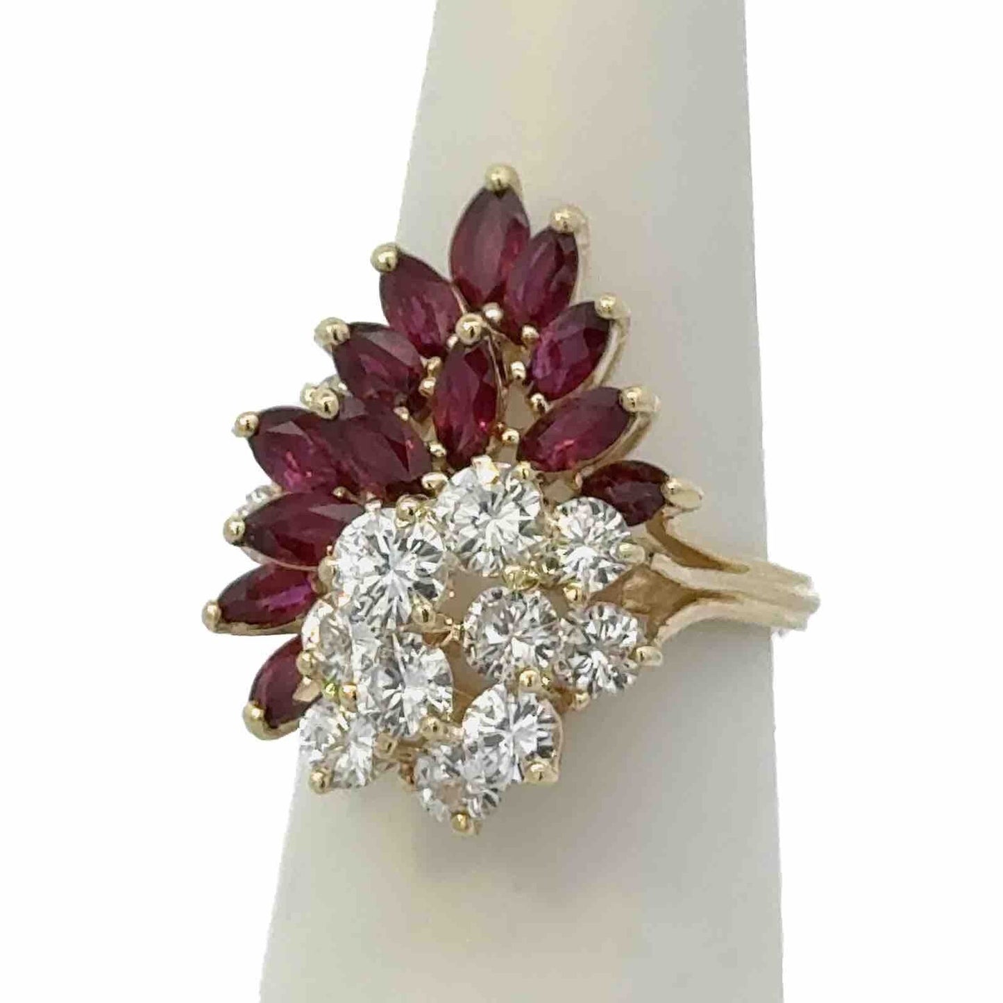 Vintage 18K Yellow Gold Round Diamond Marquise Lab Created Ruby Waterfall  Ring