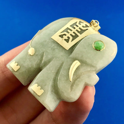 Vintage 14k Yellow Gold Jade Jadeite Chrysoprase Elephant Statement Pendant