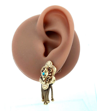 Vintage 14k Yellow Gold Edwardian Dangle Tassel Earrings with Turquoise