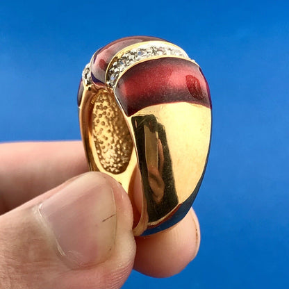 Stunning 925 Sterling Silver Red Enamel Cubic Zirconia Statement Dome Ring