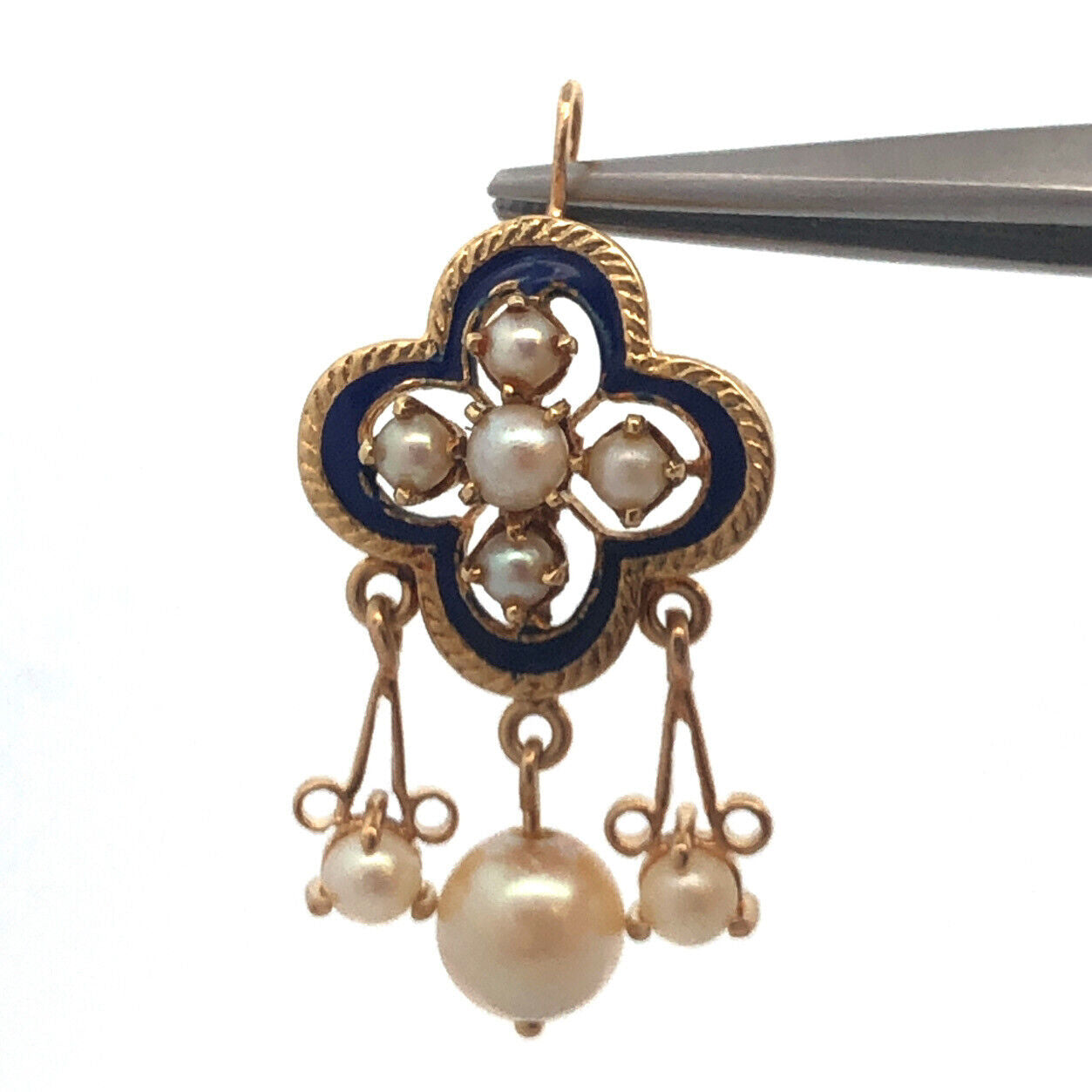 Estate 14K Yellow Gold Round Pearl Blue Enamel Drop Dangle Pendant