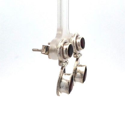 Vintage 925 Sterling Silver Round Bezel Pear Garnet Dangle Drop Stud Earrings