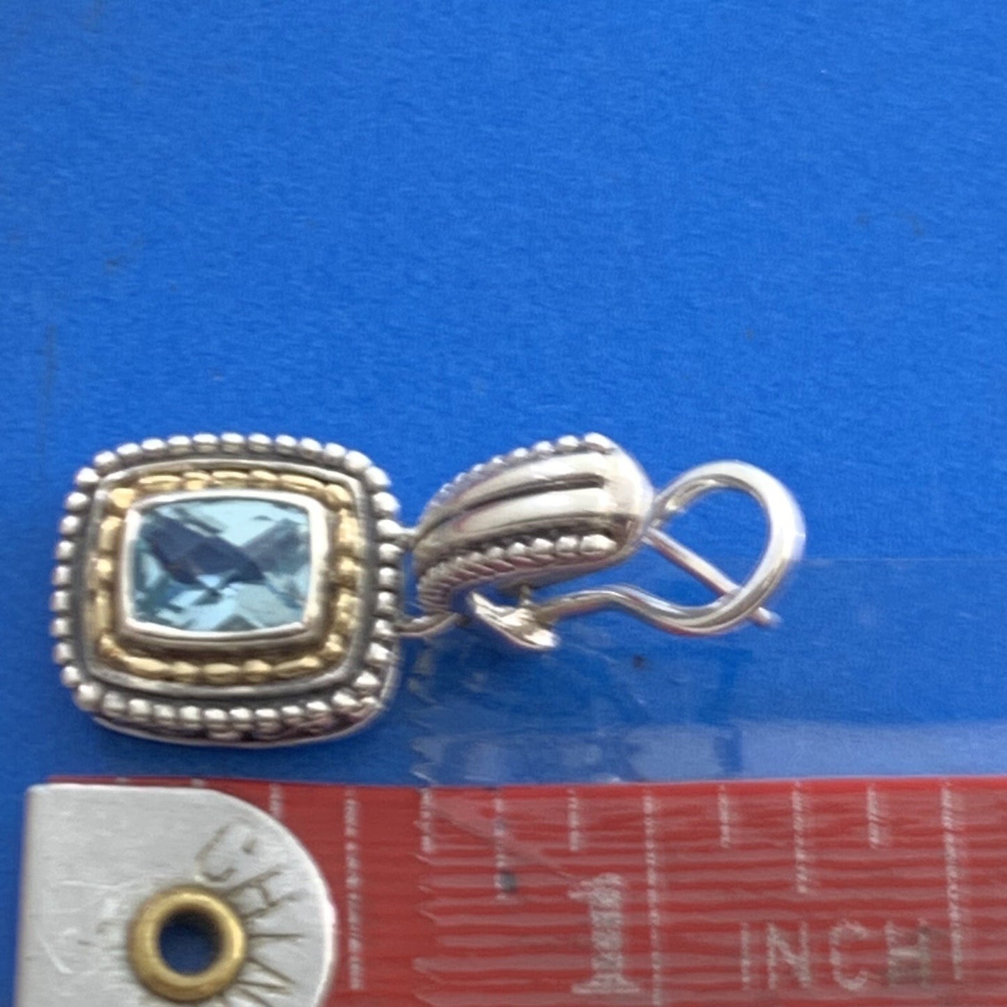 Designer 925 Sterling Silver 14K Gold Cushion Cut Blue Topaz Omega Back Earrings