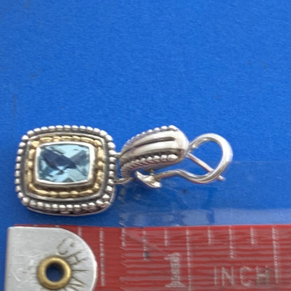 Designer 925 Sterling Silver 14K Gold Cushion Cut Blue Topaz Omega Back Earrings