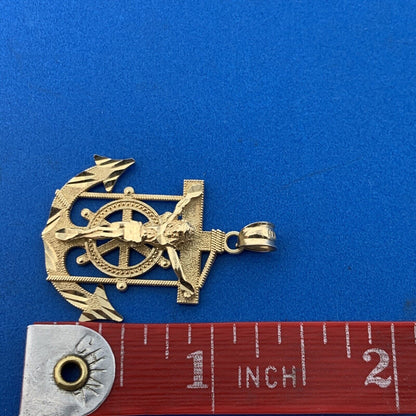 Designer 10K Yellow Gold Mariners Cross Crucifix Anchor Statement Pendant
