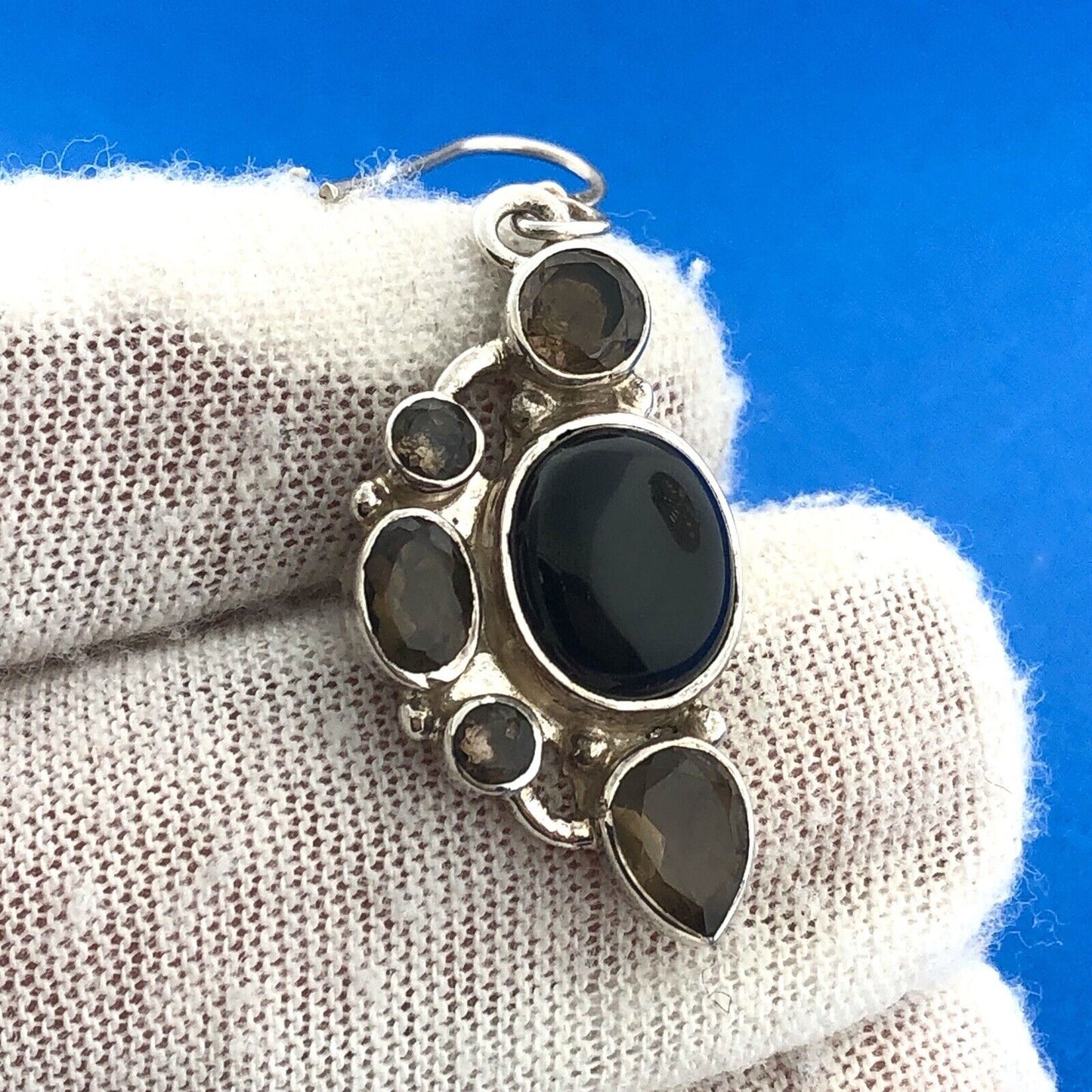 Modernist 925 Sterling Silver Black Onyx Smoky Quartz Drop Dangle Earrings