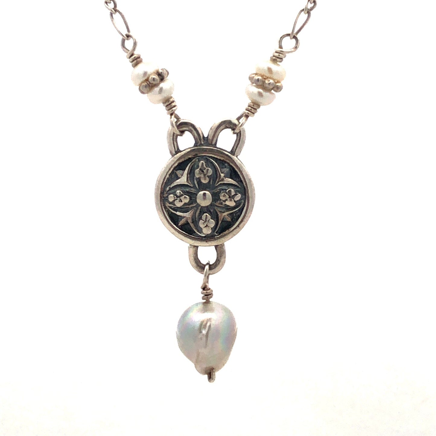 Mignon Faget 925 Sterling Silver Renaissance Pearl Rosette Medallion Necklace