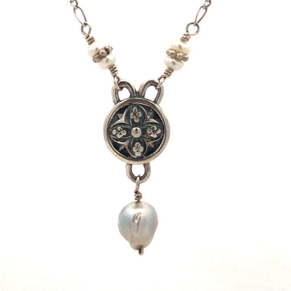 Mignon Faget 925 Sterling Silver Renaissance Pearl Rosette Medallion Necklace