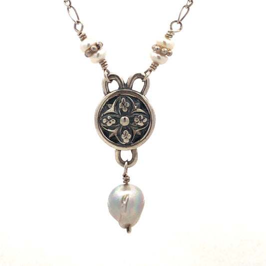 Mignon Faget 925 Sterling Silver Renaissance Pearl Rosette Medallion Necklace