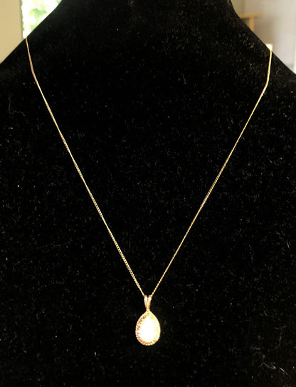 Designer 14K Yellow Gold Pear White Opal Pendant Chain Necklace