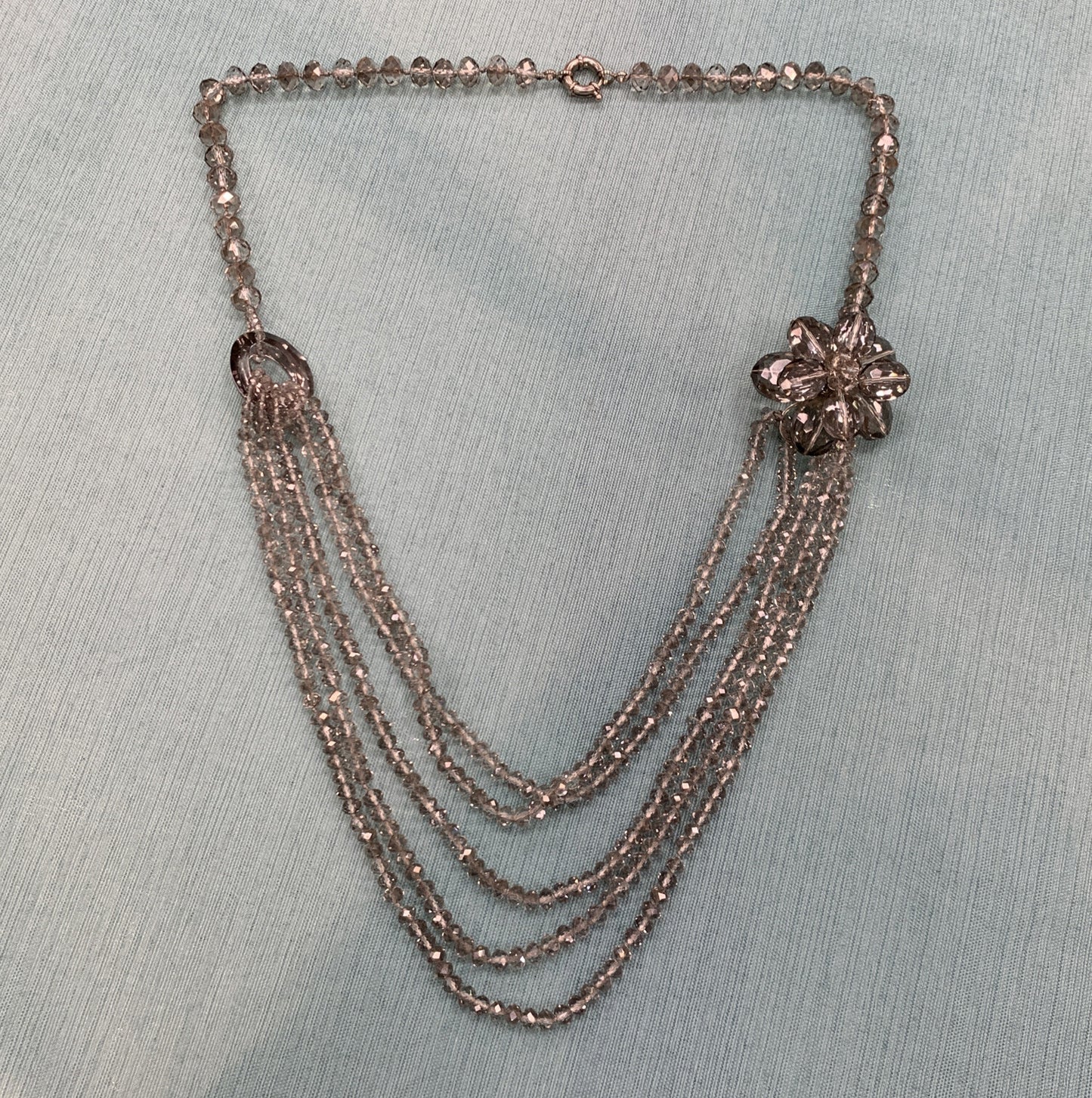 Vintage Silver Tone Roaring 20's Silver Faceted Crystal Layered Flapper Necklace