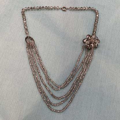 Vintage Silver Tone Roaring 20's Silver Faceted Crystal Layered Flapper Necklace