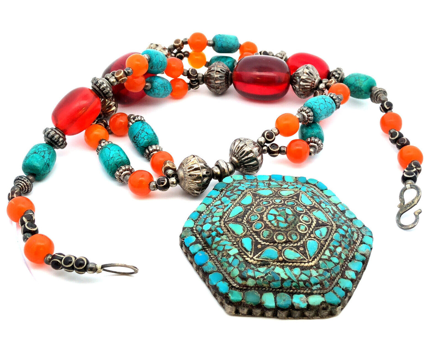 Vintage India Silver Plate Multi-Gemstone Turquoise Statement Beaded Necklace