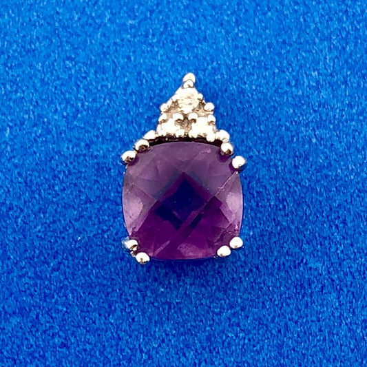 Designer 14K White Gold Cushion Cut Amethyst Diamond Accent Charm Pendant